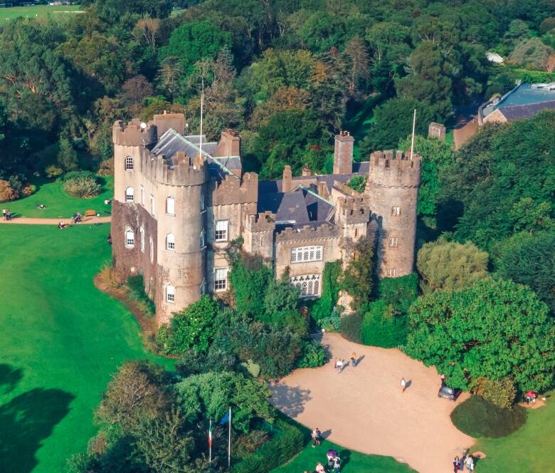 Aerial view of a medieval castle with cylindrical towers in a lush green landscape. Groups of people are gathered on the grass and pathways around the castle. In the distance, there are more trees, a river, and a horizon of fields under a blue sky.