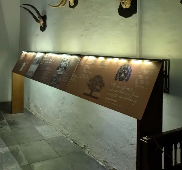 A dimly lit museum exhibit features a wall display with various informational panels about nature and wildlife conservation. Animal horns and skulls are mounted on the adjacent wall, set against a textured light gray background.