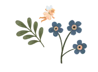 A small fairy with wings hovers near a branch with green leaves and a cluster of three blue flowers against a plain background.