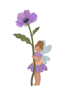 Illustration of a fairy with blue wings and a dress made of purple petals, gracefully hovering near Malahide Castle. She holds a tall purple flower with green leaves, her light brown hair flowing gently as she hovers barefoot. The background is transparent, highlighting the enchanting scene.