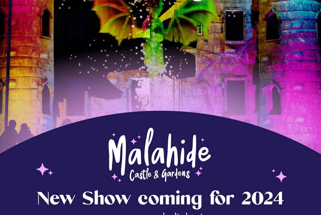 Promotional poster for "Wonderlights" at Malahide Castle & Gardens, featuring a digital illustration of a dragon breathing fire against a castle backdrop. Text includes "New Show coming for 2024" along with website info and event logos.