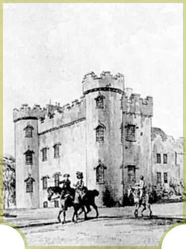 A vintage illustration of a medieval-style castle with crenelated towers. Two figures on horseback are in front of the castle, one wearing a cape. The scene is monochromatic, giving a historic and classic feel.