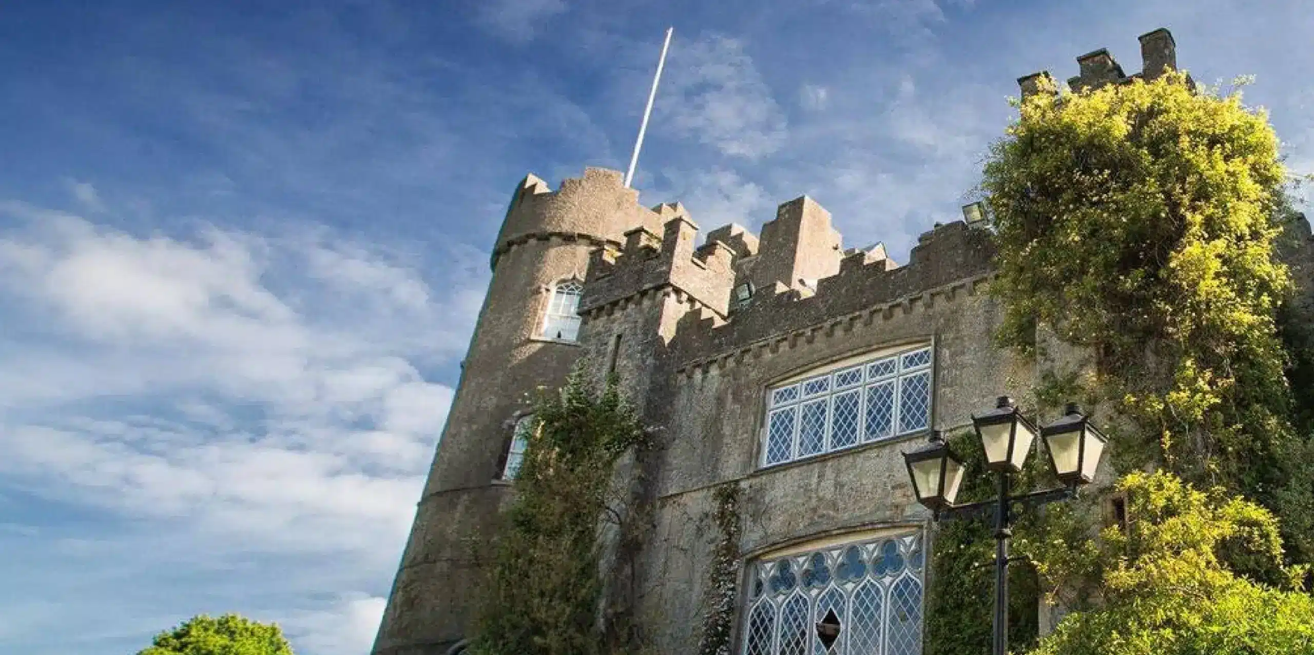 A medieval-style castle with ivy-covered stone walls, turrets, and decorative windows, set against a blue sky with scattered clouds. A black metal lamp post is in the foreground, surrounded by green foliage.