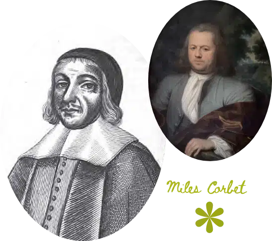 A split image showcases a black and white sketch of a man in traditional 17th-century attire on the left, and a painted portrait in 18th-century clothing on the right. "Miles Corbet" with an asterisk graces the bottom right corner, reminiscent of portraits found in places like Malahide Castle.