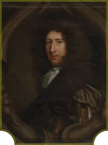 A historic portrait of a man with curly hair, wearing a formal robe and white cravat. The dark, moody background frames his solemn expression, highlighting classic 17th-century attire.