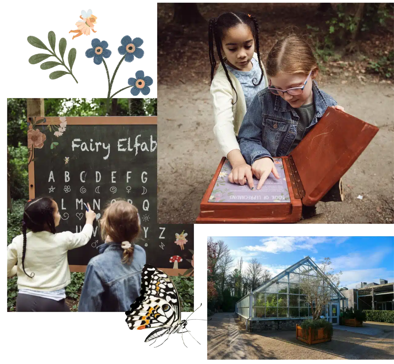 Two children explore nature activities at Malahide Castle, engaging with a fairy alphabet board and an outdoor book. They stand under trees near the greenhouse in a garden setting. Colorful floral and butterfly illustrations enrich the vibrant collage.