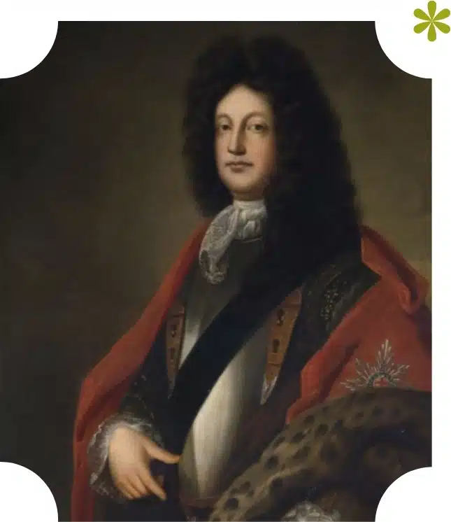 A historical portrait of a man with long curly hair, adorned in a formal robe featuring a fur collar and ornate sash. The dark backdrop accentuates his serious expression and regal attire, reminiscent of the grandeur often associated with Malahide Castle.