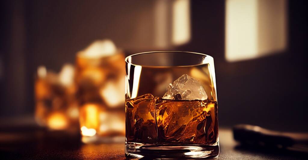 A close-up of a glass filled with whiskey and ice cubes on a reflective surface, with a warm, dimly lit background reminiscent of the historic allure of Malahide Castle. Another glass, blurred in the distance, enhances the cozy and inviting atmosphere.