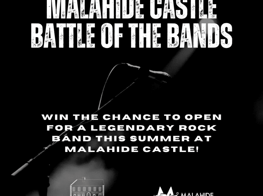 Black and white poster for the "Battle of the Bands" at Malahide Castle. Features a microphone and stand, with text promoting a chance to open for a rock band at this iconic venue. Includes logos for Gibney’s of Malahide and Malahide Castle Gardens.