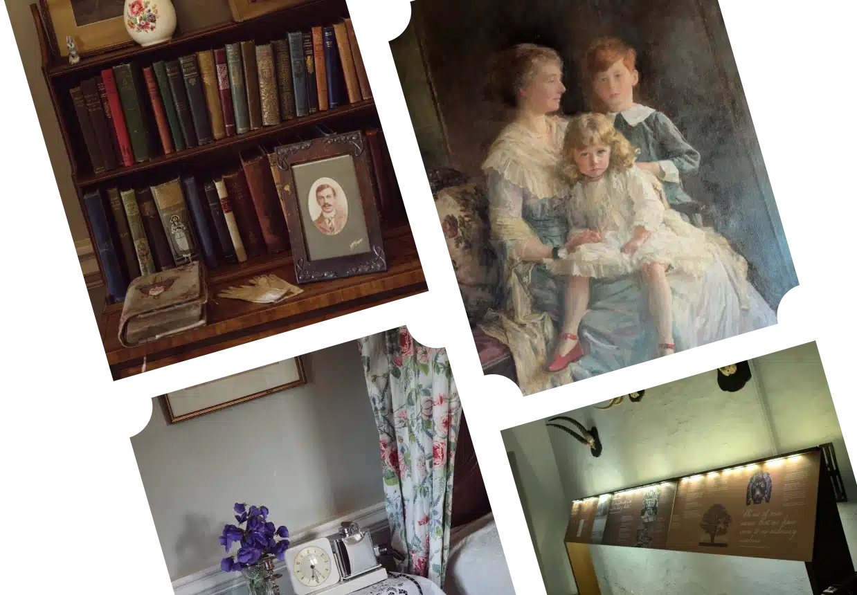 A collage of four images: a vintage bookshelf with a framed portrait, an oil painting of a seated woman with two children, a table adorned with purple flowers and an alarm clock, and an illuminated plaque with text reminiscent of the rich history found at Malahide Castle.