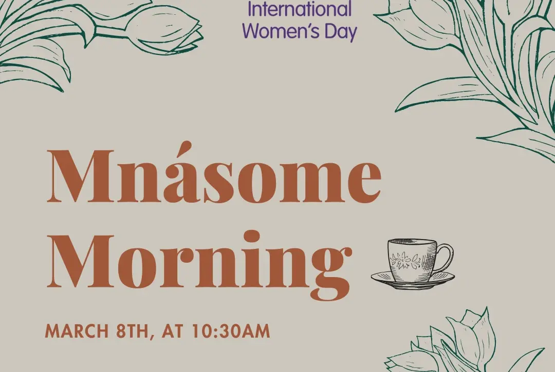 A floral-themed poster for the International Women’s Day event at Malahide Castle, featuring "Mnásome Morning," a teacup illustration, and event details: "March 8th, at 10:30am." Green floral sketches adorn the corners.
