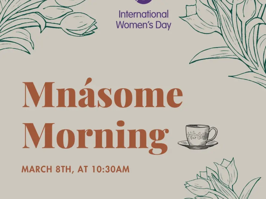 A floral-themed poster for the International Women’s Day event at Malahide Castle, featuring "Mnásome Morning," a teacup illustration, and event details: "March 8th, at 10:30am." Green floral sketches adorn the corners.