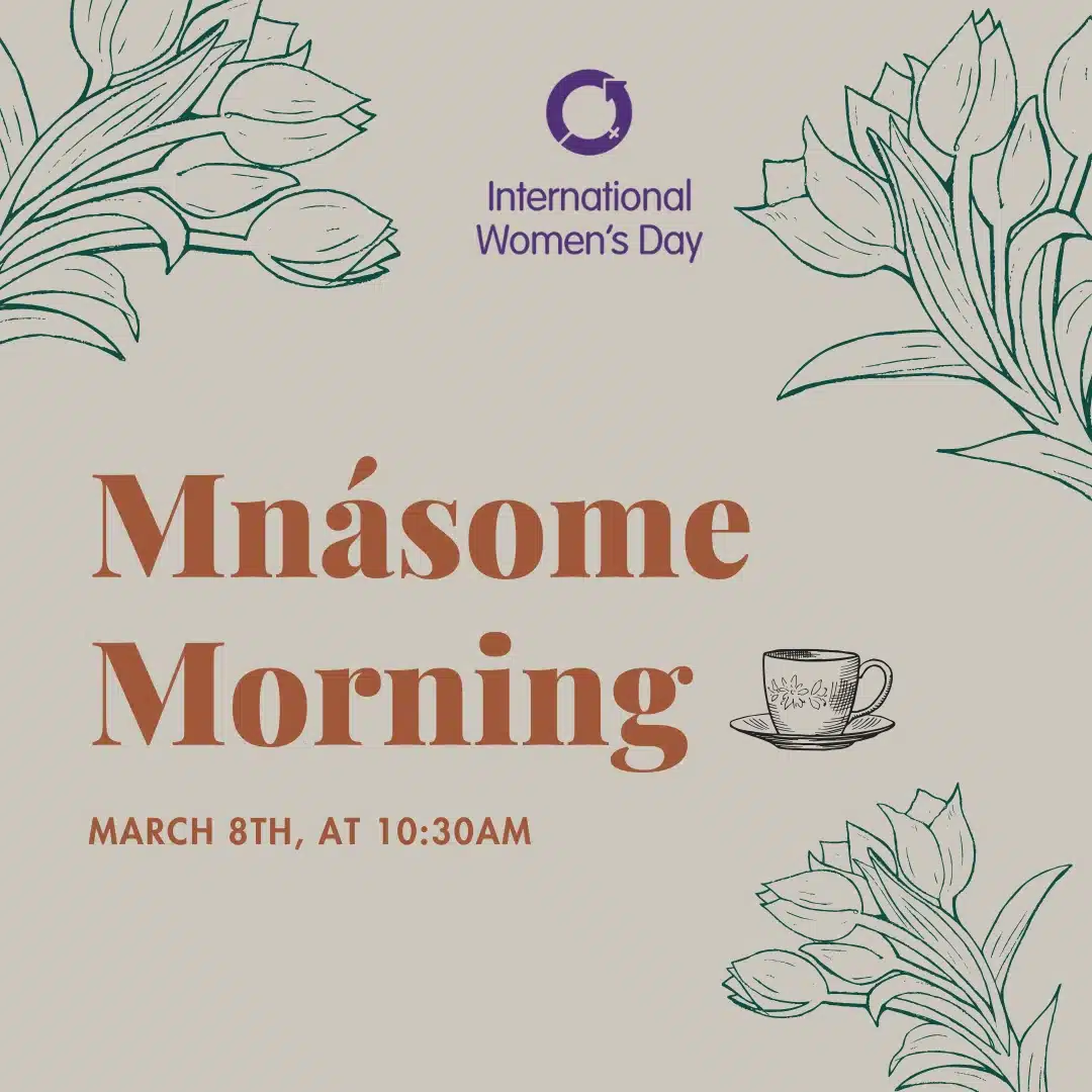 A floral-themed poster for the International Women’s Day event at Malahide Castle, featuring "Mnásome Morning," a teacup illustration, and event details: "March 8th, at 10:30am." Green floral sketches adorn the corners.
