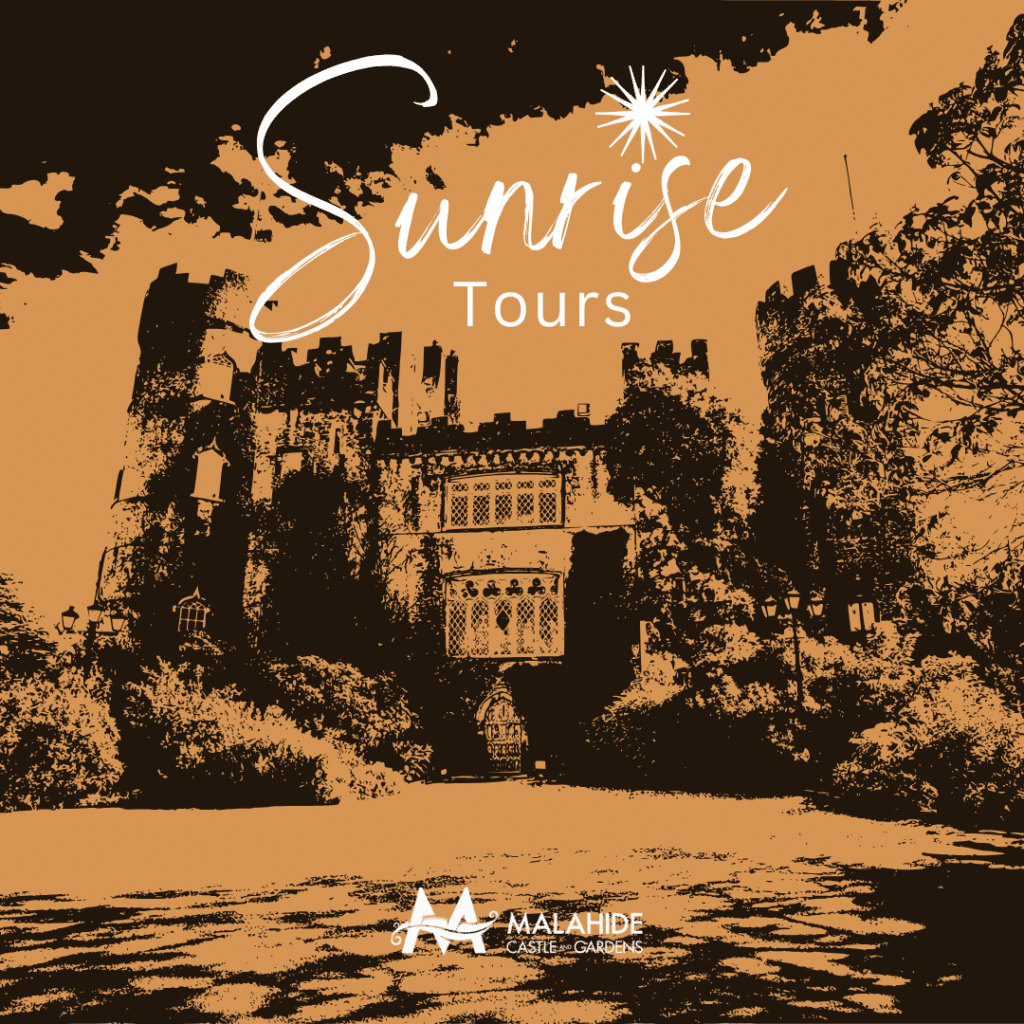 A stylized image of Malahide Castle emerges in bold, sepia tones. The text reads "Sunrise Tours" in ornate lettering, with "Malahide Castle Gardens" below. Enhanced by a dramatic frame of trees, it's as captivating as the harmonies at a Battle of the Bands event.