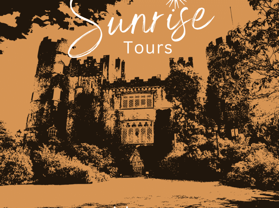 A stylized image of Malahide Castle emerges in bold, sepia tones. The text reads "Sunrise Tours" in ornate lettering, with "Malahide Castle Gardens" below. Enhanced by a dramatic frame of trees, it's as captivating as the harmonies at a Battle of the Bands event.