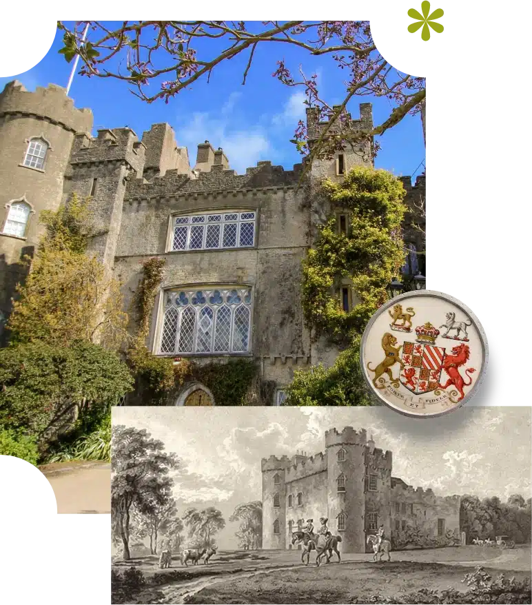 A historic Malahide Castle with stone walls and turrets is surrounded by greenery under a bright blue sky. An inset shows its ornate crest, while an old illustration below depicts horse riders and the castle in a pastoral scene, embodying its rich history.