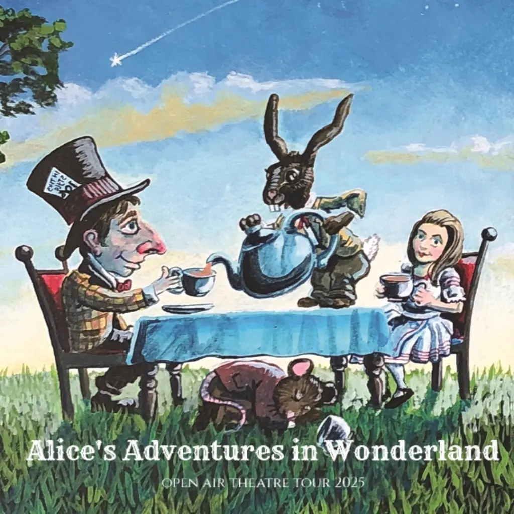 A whimsical illustration captures a tea party with a man in a top hat, a donkey pouring tea, and a girl at the table. A dog sleeps beneath. A shooting star crosses the sky. Text reads "Alice's Adventures in Wonderland Open Air Theatre Tour and Whiskey Tasting 2025.