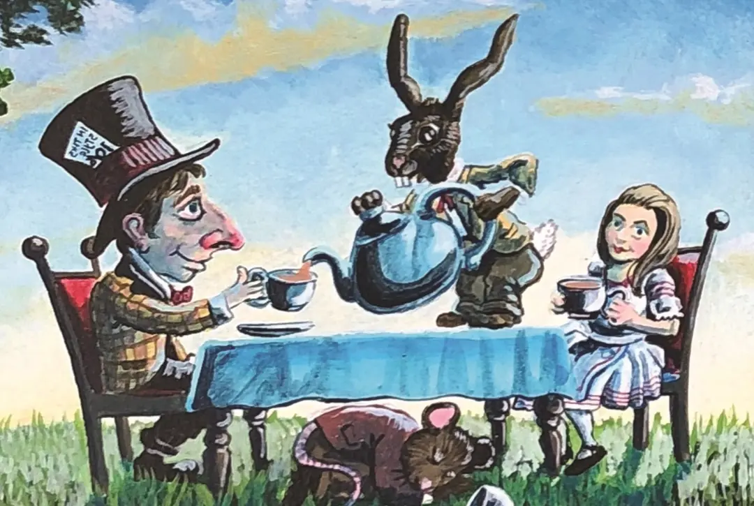 A whimsical illustration captures a tea party with a man in a top hat, a donkey pouring tea, and a girl at the table. A dog sleeps beneath. A shooting star crosses the sky. Text reads "Alice's Adventures in Wonderland Open Air Theatre Tour and Whiskey Tasting 2025.