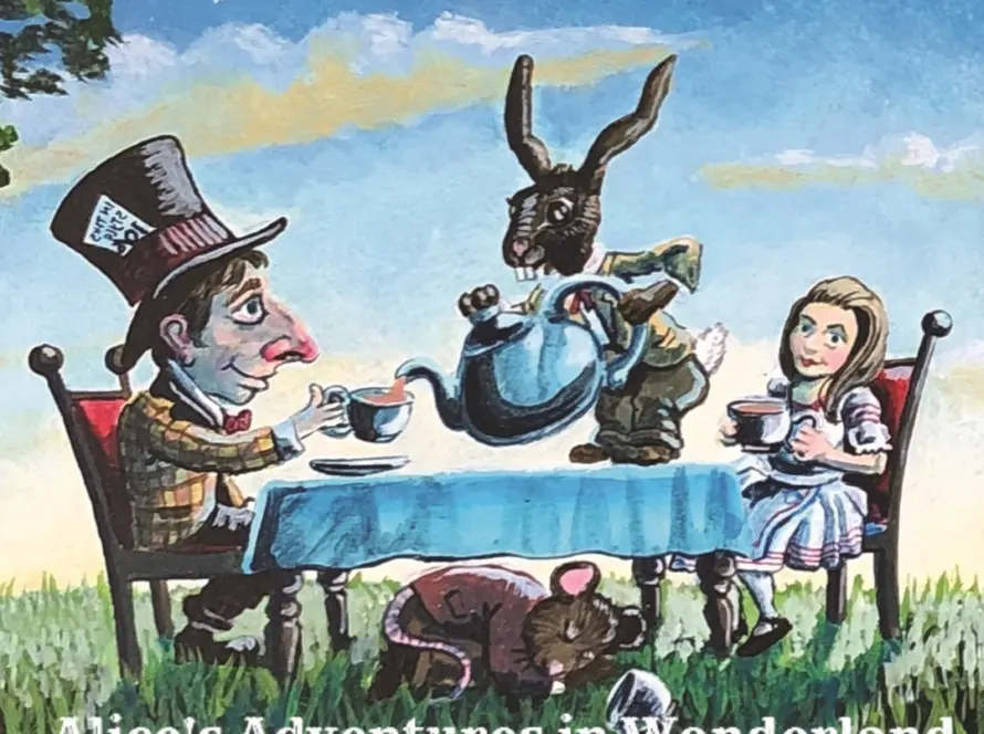 A whimsical illustration captures a tea party with a man in a top hat, a donkey pouring tea, and a girl at the table. A dog sleeps beneath. A shooting star crosses the sky. Text reads "Alice's Adventures in Wonderland Open Air Theatre Tour and Whiskey Tasting 2025.