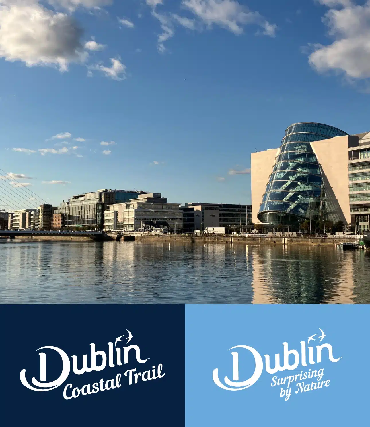 Waterfront view of modern buildings in Dublin, featuring a distinctive spiral glass structure. The clear sky adds charm to this vibrant scene. Below, two logos: "Dublin Coastal Trail" on dark blue and "Dublin Surprising by Nature" on light blue, invite you to explore Malahide Castle Dublin.