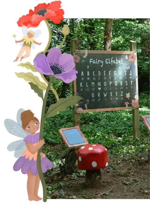 In a whimsical forest near Malahide Castle, a fairy gracefully holds large flowers beside a chalkboard titled "Fairy Elfabet" showcasing an enchanting alphabet. A red mushroom table, adorned with tablet-like objects, completes this magical scene.