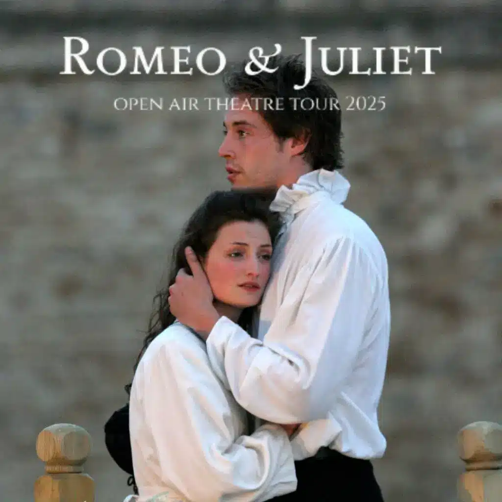 A man and woman dressed in period costumes embrace against an outdoor backdrop. Text above reads "Romeo & Juliet Open Air Theatre Tour 2025," promising a night of romance and culture, now with an exclusive whiskey tasting experience.