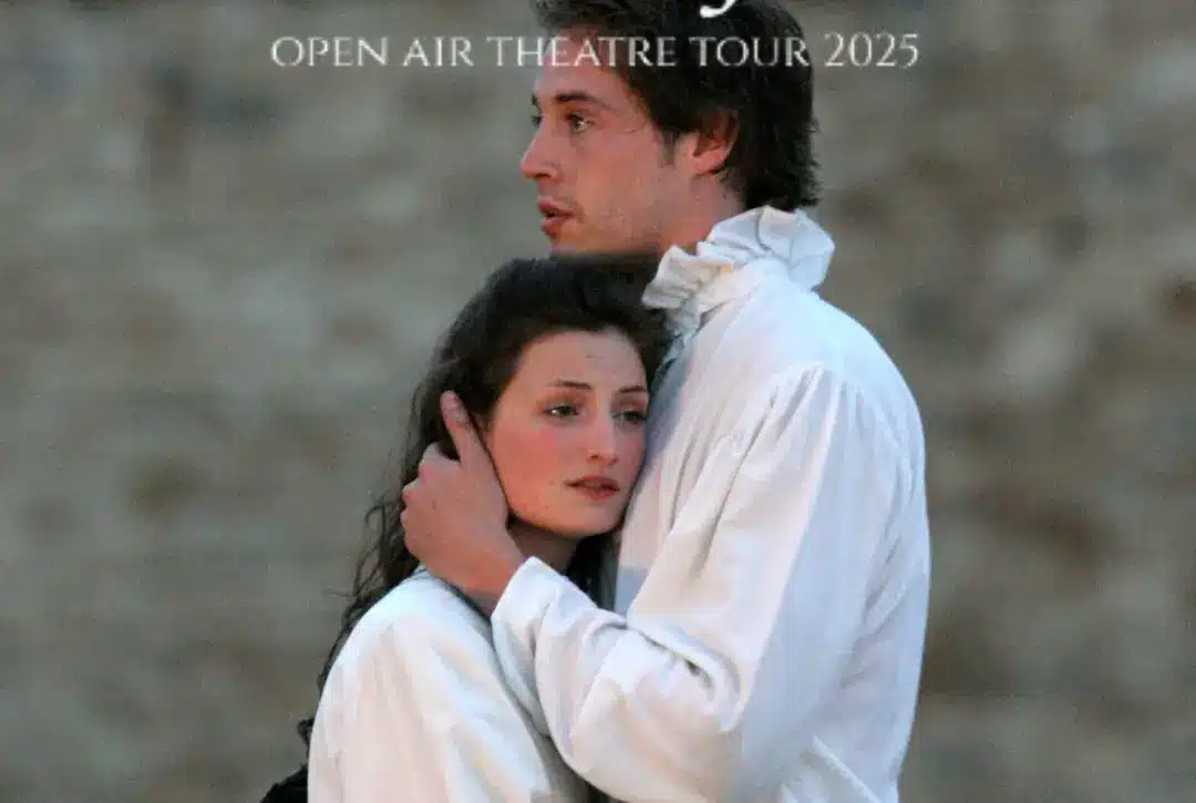 A man and woman dressed in period costumes embrace against an outdoor backdrop. Text above reads "Romeo & Juliet Open Air Theatre Tour 2025," promising a night of romance and culture, now with an exclusive whiskey tasting experience.