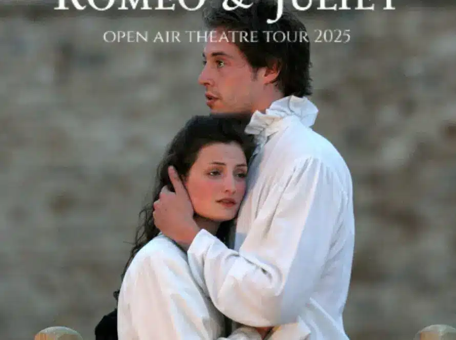 A man and woman dressed in period costumes embrace against an outdoor backdrop. Text above reads "Romeo & Juliet Open Air Theatre Tour 2025," promising a night of romance and culture, now with an exclusive whiskey tasting experience.