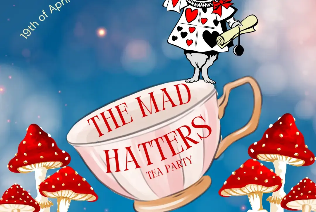 Illustration for "The Mad Hatter's Tea Party" featuring a large teacup labeled with the event name. A rabbit in a suit holding a scroll hovers above, while red-capped mushrooms surround the scene. Text reads "19th of April at the West Lawn," "Tour and Whiskey Tasting," and shows the "Malahide Castle & Gardens" logo.