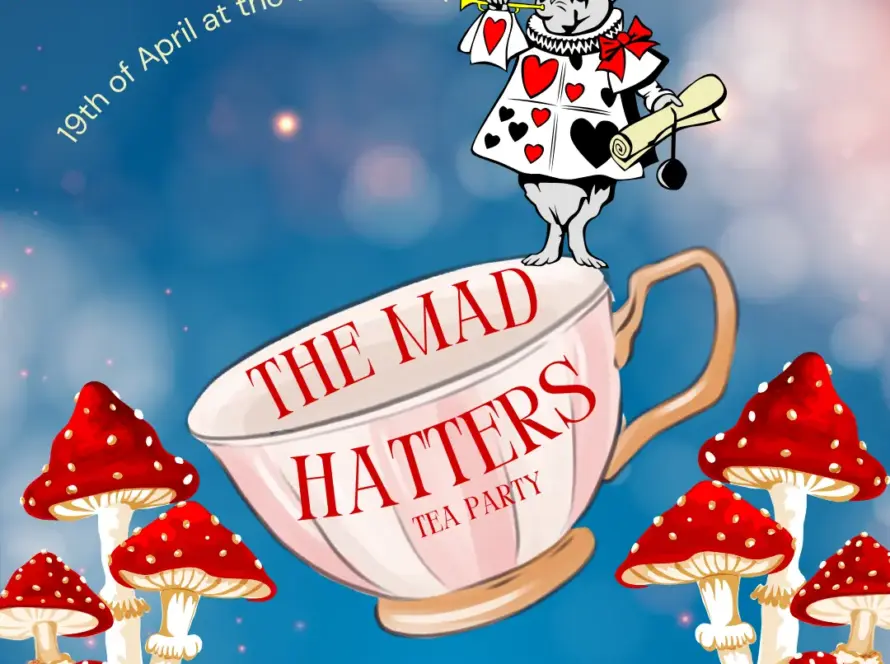 Illustration for "The Mad Hatter's Tea Party" featuring a large teacup labeled with the event name. A rabbit in a suit holding a scroll hovers above, while red-capped mushrooms surround the scene. Text reads "19th of April at the West Lawn," "Tour and Whiskey Tasting," and shows the "Malahide Castle & Gardens" logo.