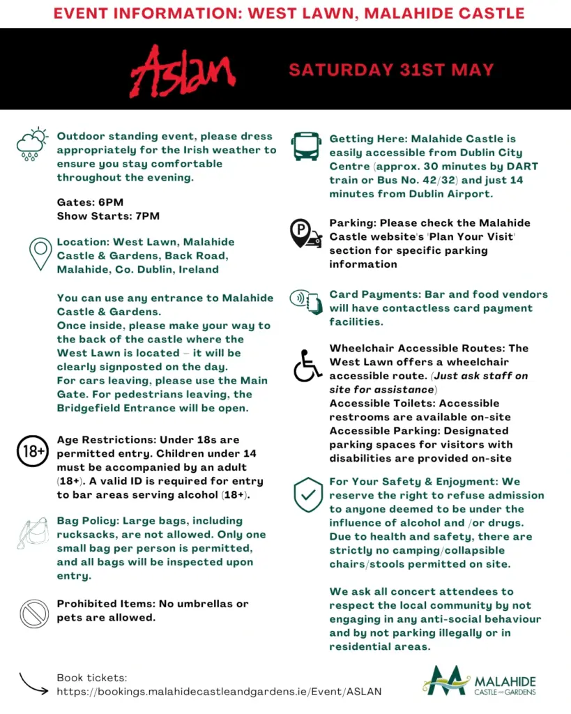 Event information poster for Aslan headlining Malahide Castle on May 31st, featuring event details, transport, parking, age restrictions, payment info, and accessibility guidance provided in text and icons.