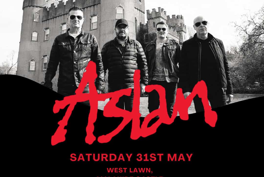 Four men stand in front of a castle wearing sunglasses and casual clothes. The text reads "Aslan, Saturday 31st May, West Lawn, Malahide Castle." White logo at the bottom of Malahide Castle and Gardens