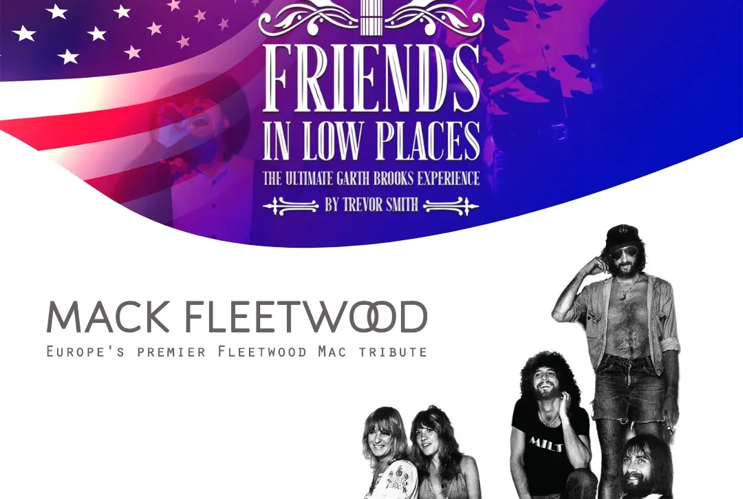 Concert poster with a purple and red American flag theme. Text reads "Friends in Low Places: The Ultimate Garth Brooks Experience by Trevor Smith" and "Mack Fleetwood: Europe's Premier Fleetwood Mac Tribute." Featuring a vintage-style band photo