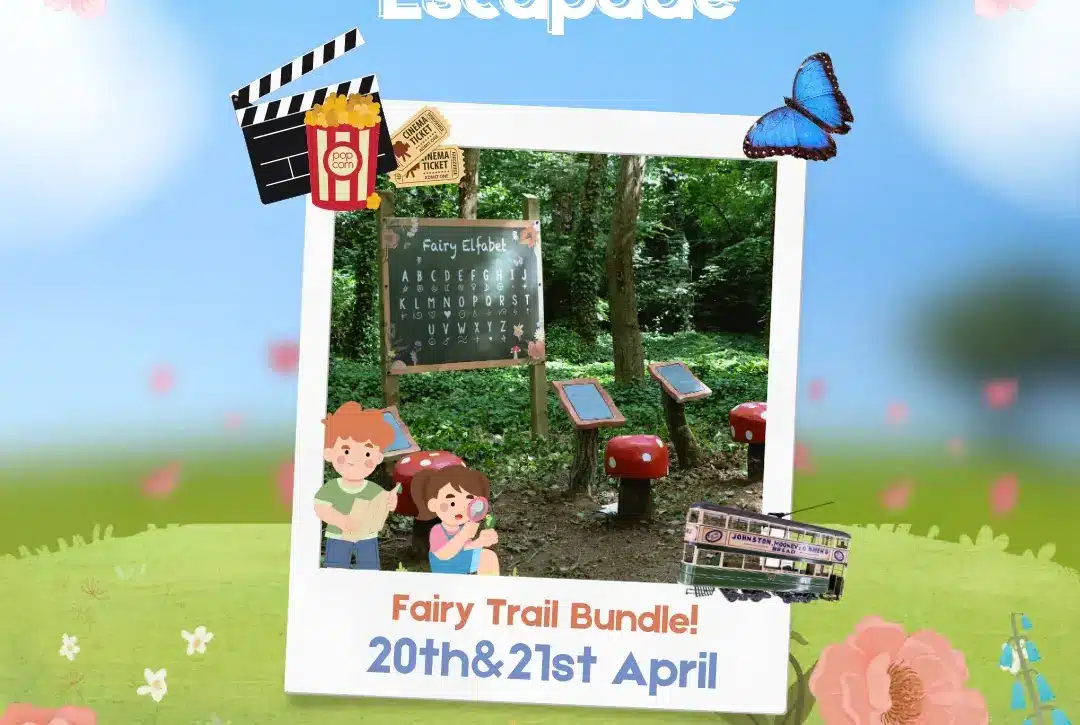 Colorful Easter-themed poster for "Great Easter Escapade." Features a fairy trail scene with kids, red mushroom seats, a chalkboard with letters, and decorative flowers. Event highlights: April 20th & 21st. Festive elements include a butterfly, clapperboard, popcorn, and model train.