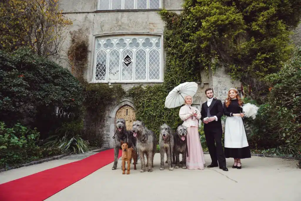Four people in vintage clothing stand on a red carpet outside an ivy-covered building, ready for The Hunt Dinner Party, accompanied by four large dogs and one smaller dog. One holds a white parasol, another carries a white feathered fan.