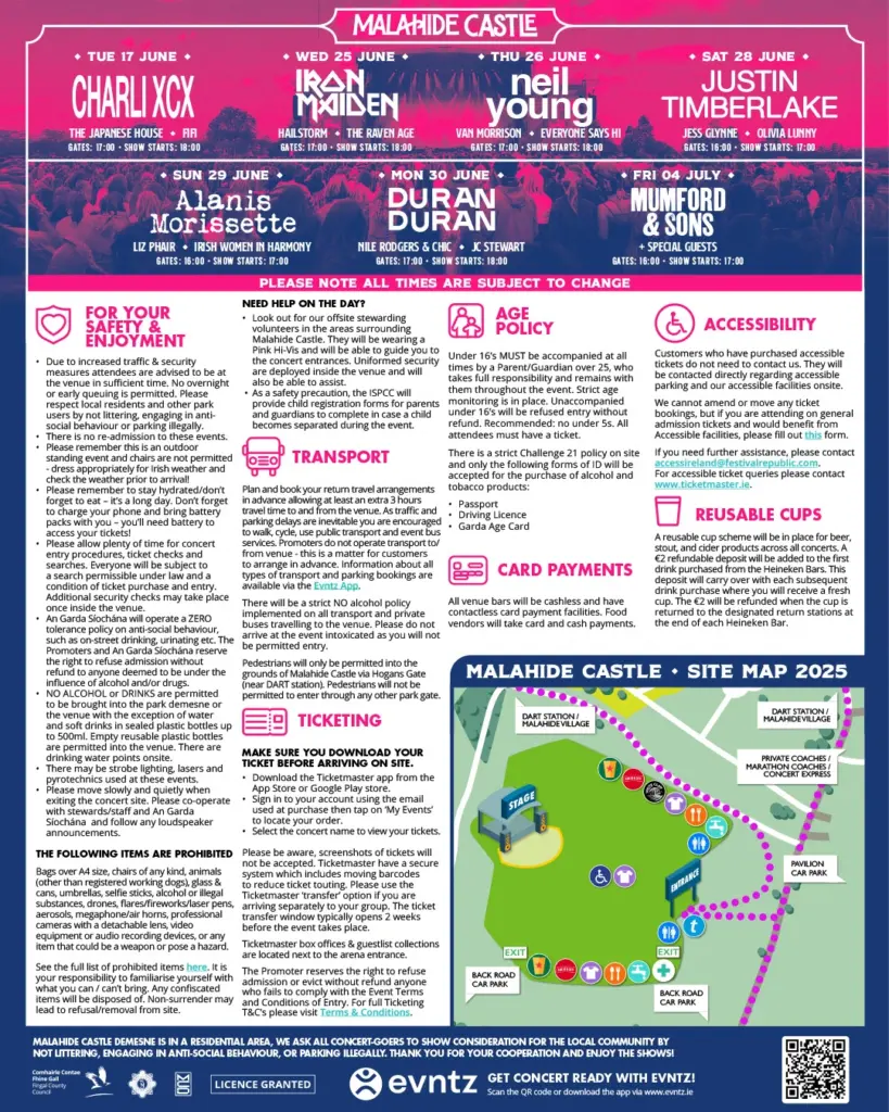 Colorful event information poster for Summer Concerts at Malahide Castle, featuring schedules, artist names, transport details, ticketing info, age policy, accessibility features, reusable cups, and a site map with icons and numbered locations.