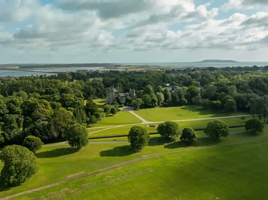 A large, green park with scattered trees and open grassy areas leads to a castle partly hidden by dense forest—an enchanting scene fitting for the with distant water and hills beneath a partly cloudy sky.