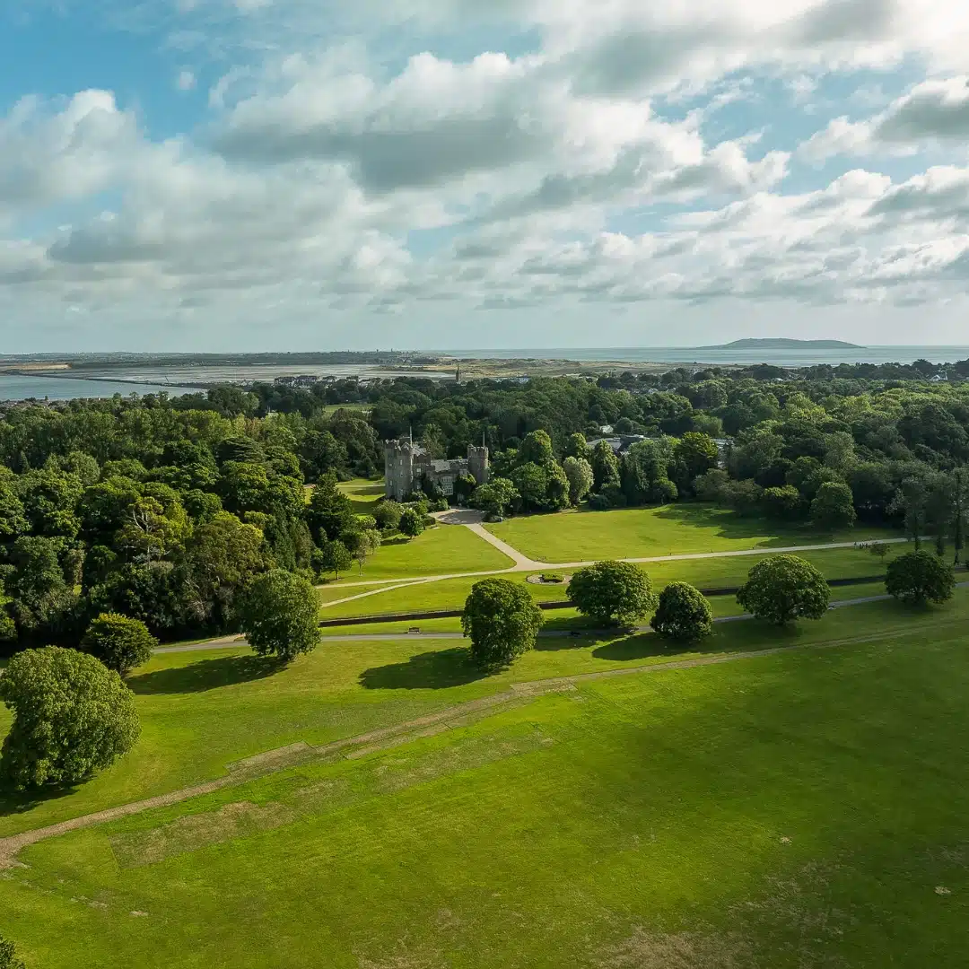A large, green park with scattered trees and open grassy areas leads to a castle partly hidden by dense forest—an enchanting scene fitting for the with distant water and hills beneath a partly cloudy sky.