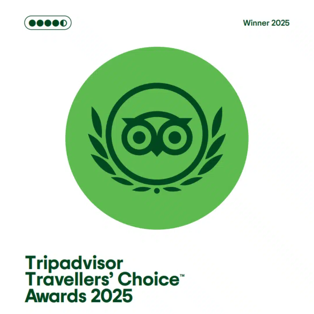 A green circular badge with the Tripadvisor owl logo and laurel leaves, celebrating “Tripadvisor Travellers' Choice Awards 2025” and “Winner 2025”—perfect for highlights