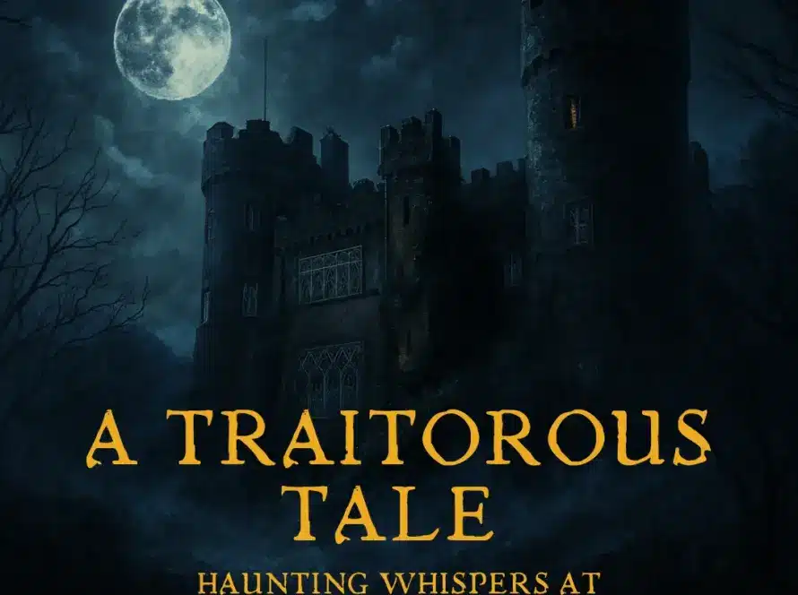 A dark, eerie castle under a full moon with the text "A Traitorous Tale: Haunting Whispers