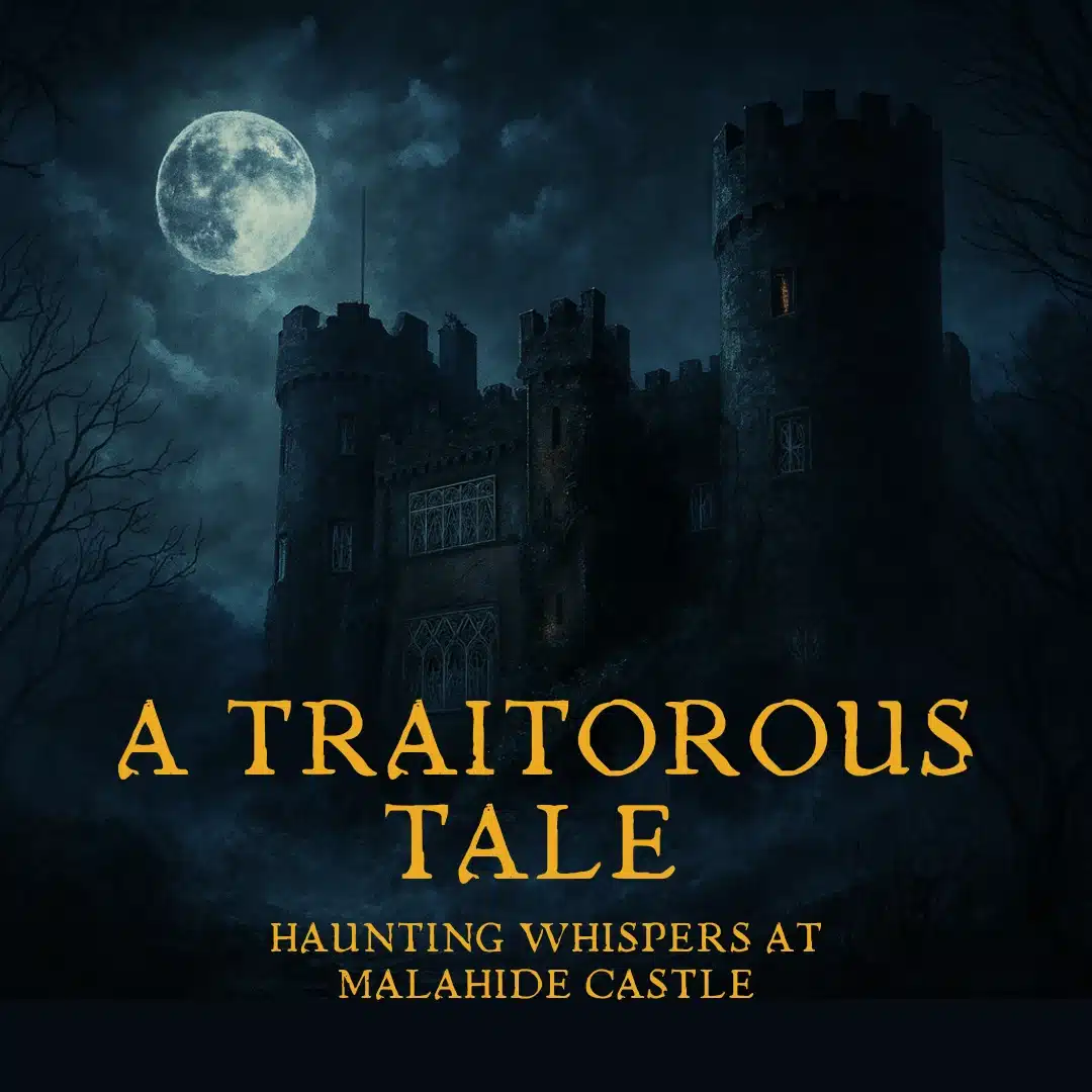 A dark, eerie castle under a full moon with the text "A Traitorous Tale: Haunting Whispers