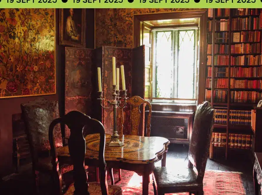 A vintage library room with a wooden table, ornate chairs, bookshelves, and a window. The Culture Night logo and the date "19 Sept 2025" appear repeatedly at the top of the image.