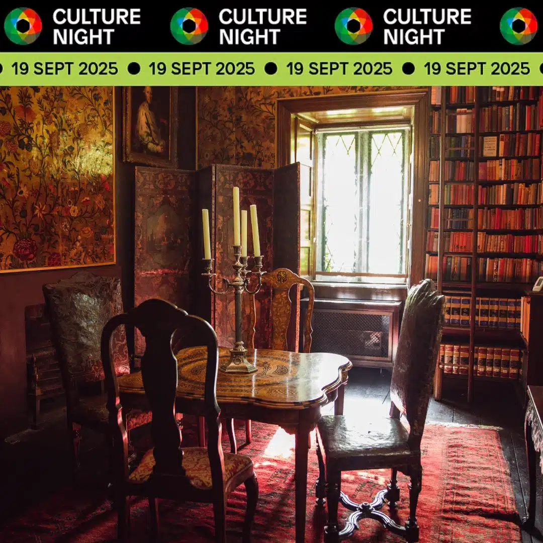 A vintage library room with a wooden table, ornate chairs, bookshelves, and a window. The Culture Night logo and the date "19 Sept 2025" appear repeatedly at the top of the image.