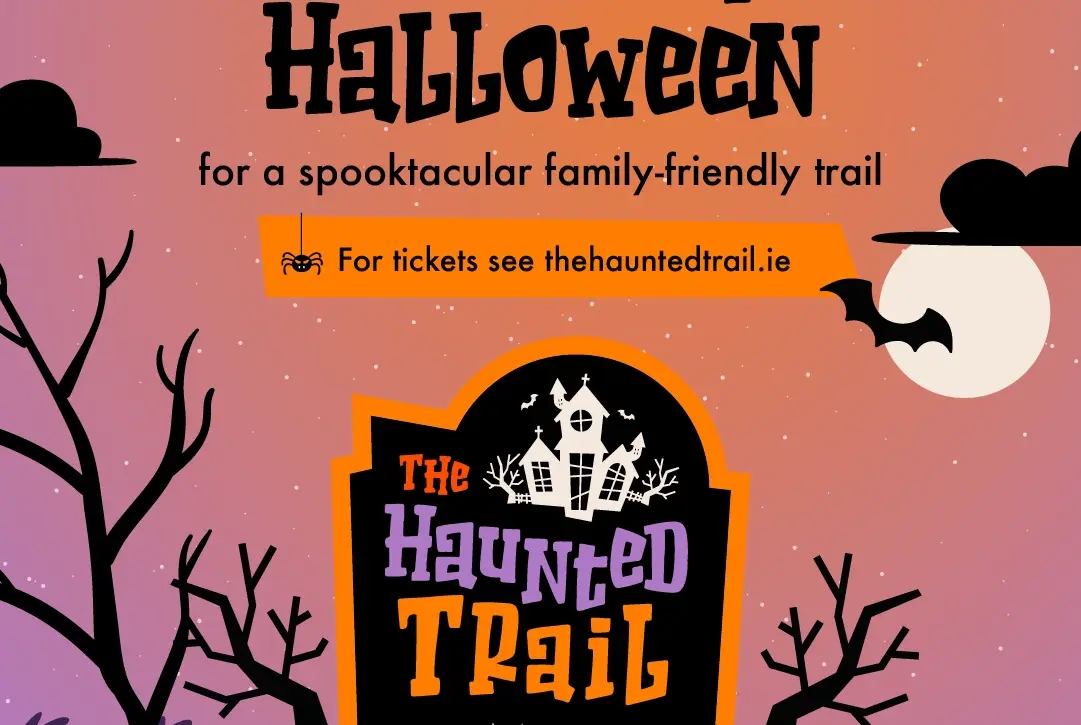 Halloween-themed poster with silhouettes of trees, bats, and a spooky house. Text reads: "Join us this Halloween for a spooktacular family-friendly trail