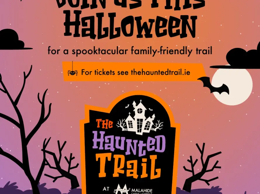 Halloween-themed poster with silhouettes of trees, bats, and a spooky house. Text reads: "Join us this Halloween for a spooktacular family-friendly trail