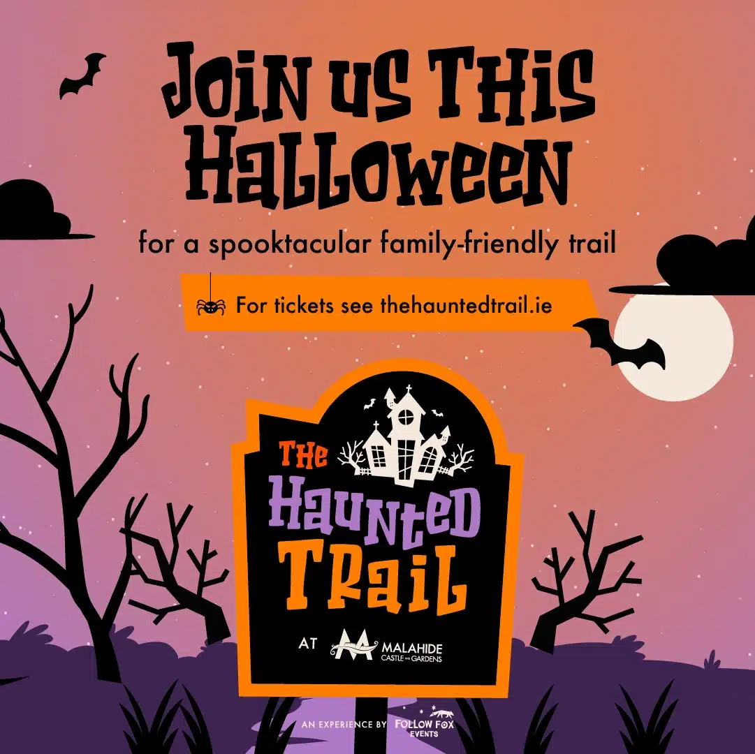 Halloween-themed poster with silhouettes of trees, bats, and a spooky house. Text reads: "Join us this Halloween for a spooktacular family-friendly trail