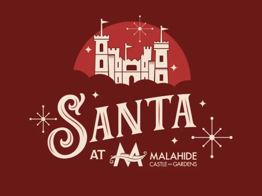 Illustration of a castle with flags and festive decorations above the text Santa at Malahide Castle & Gardens