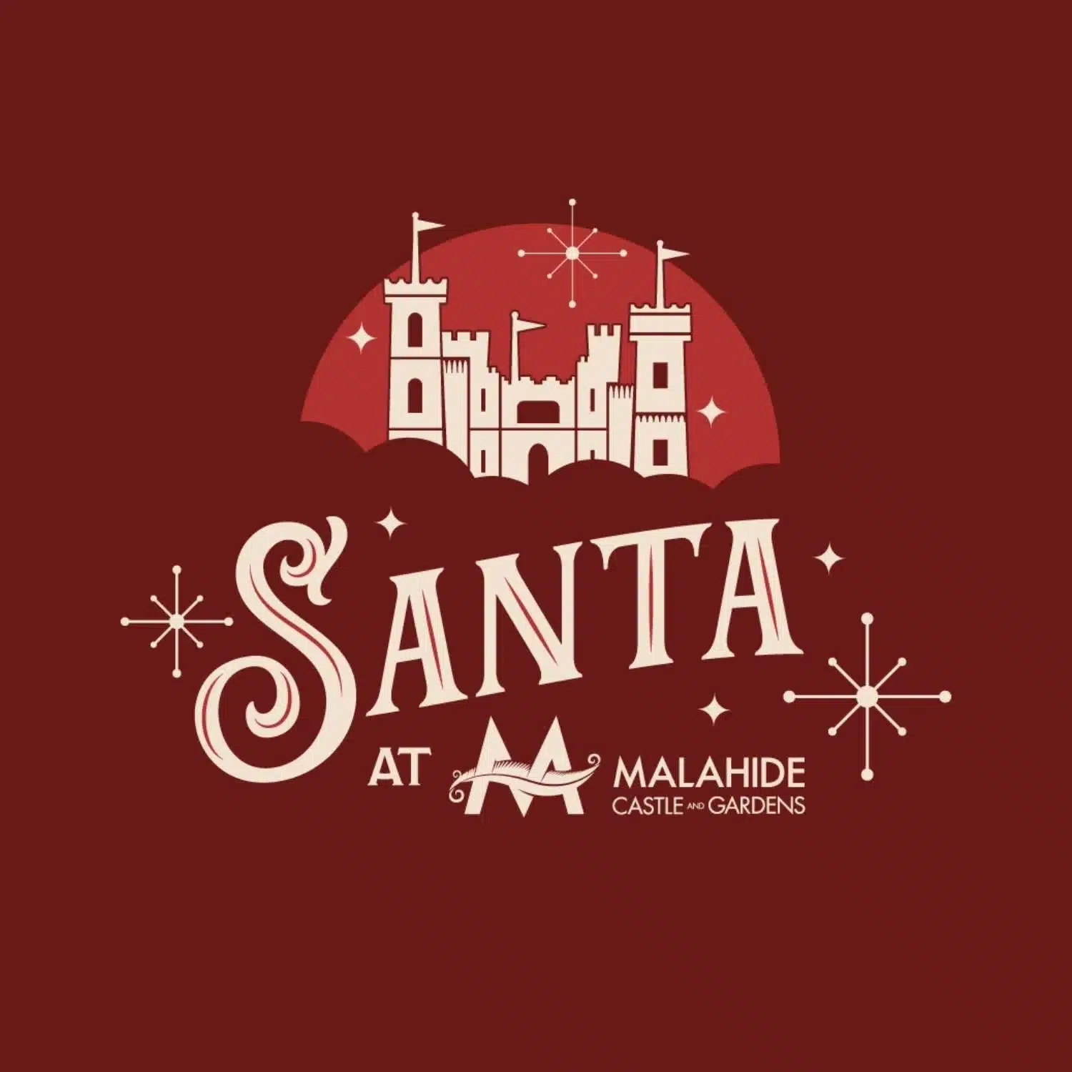 Illustration of a castle with flags and festive decorations above the text Santa at Malahide Castle & Gardens