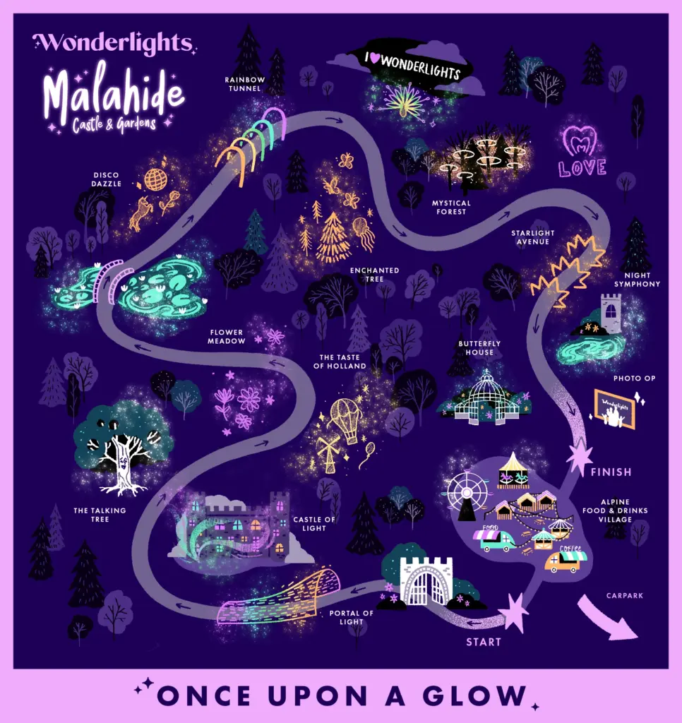 A vibrant illustrated map for Wonderlights - Winter's Brightest Tradition at Malahide Castle & Gardens shows a glowing path through magical areas, such as a disco, enchanted forest, rainbow tunnel, and photo spots from start to finish.