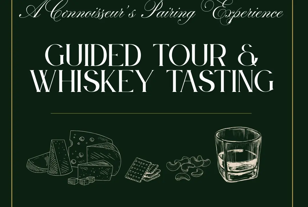Dark green graphic with elegant white text reading "A Connoisseur's Pairing Experience: Guided Tour & Whiskey Tasting," featuring cheeses, crackers, and a whiskey glass, plus logos for Whiskey Island, Malahide Castle
